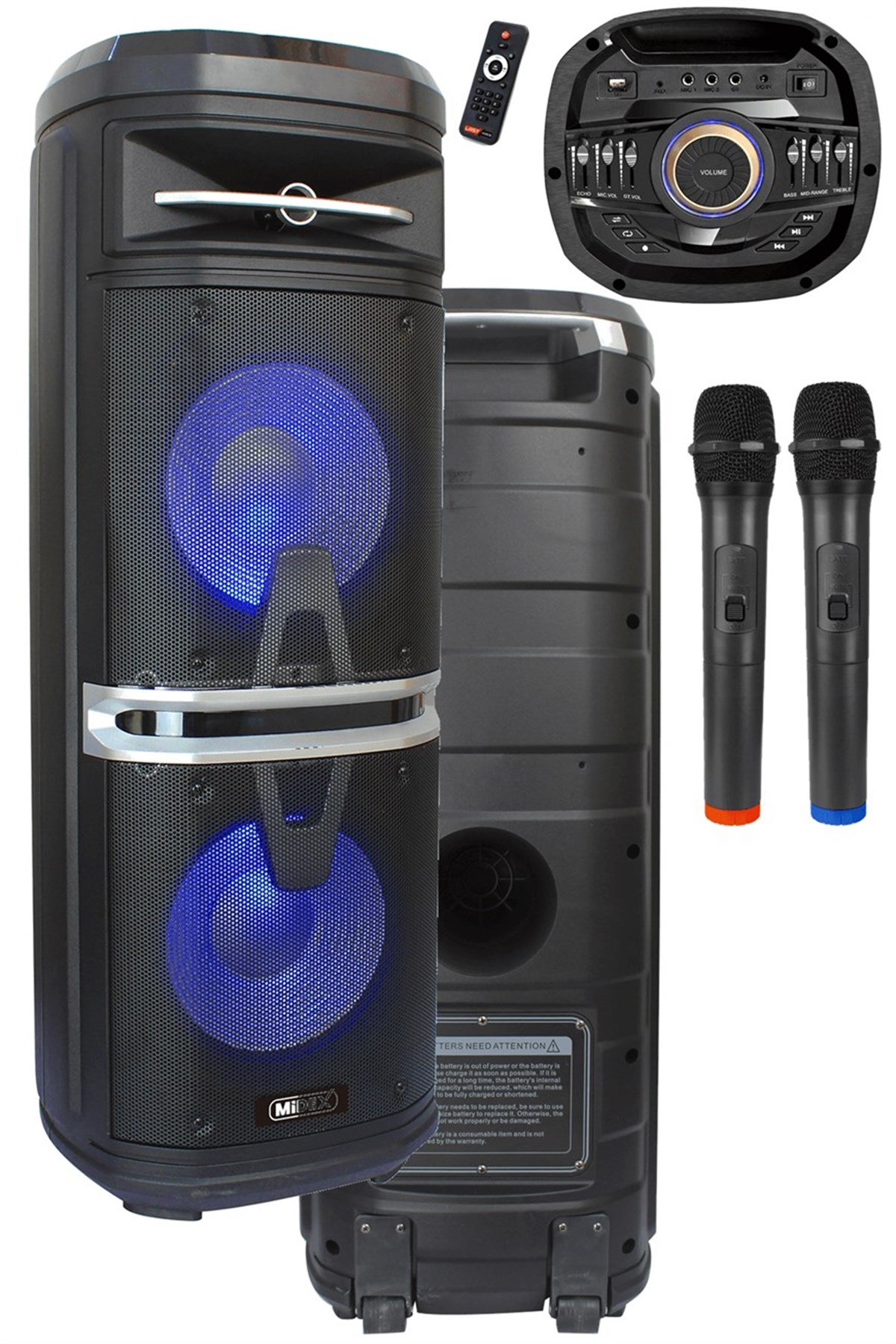 Midex MXR-1500 Taşınabilir Seyyar Mikrofonlu Akülü Kule Ses Sistemi Hoparlör (1500 Watt 2x10 İNÇ)