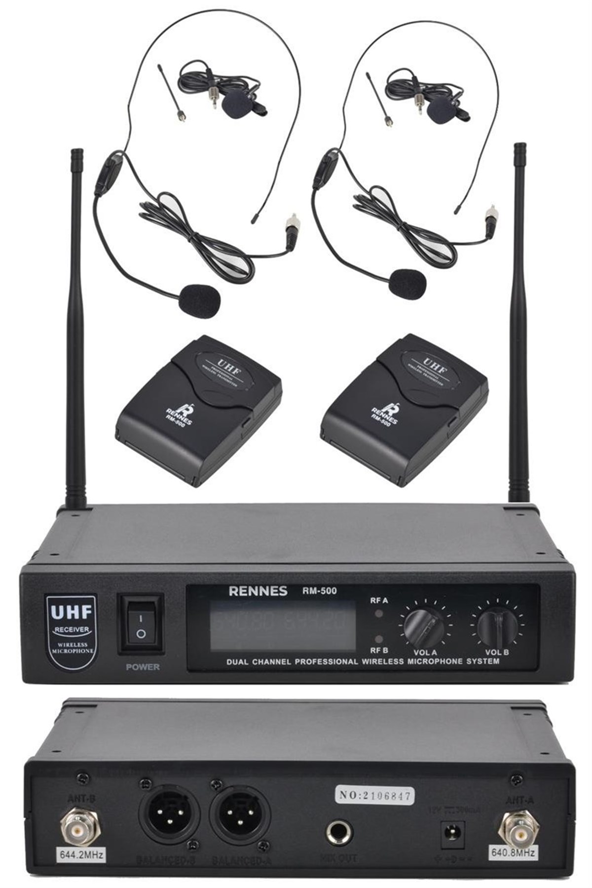Rennes RM-500HH UHF Çiftli Yaka ve headset Telsiz Kablosuz Mikrofon Seti