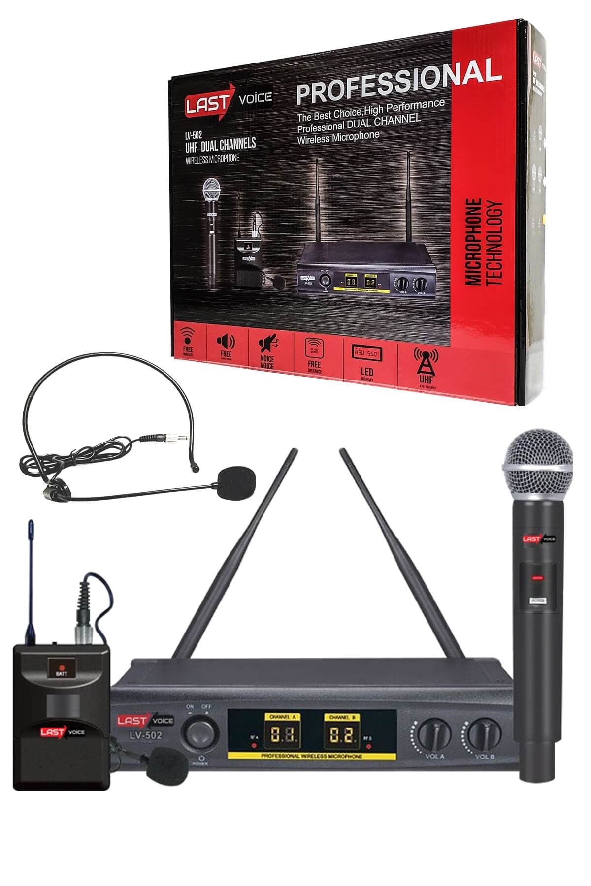 Lastvoice Lv-502EY UHF Dijital 2x24 Kanal Çiftli EL Yaka Headset Telsiz Kablosuz Mikrofon