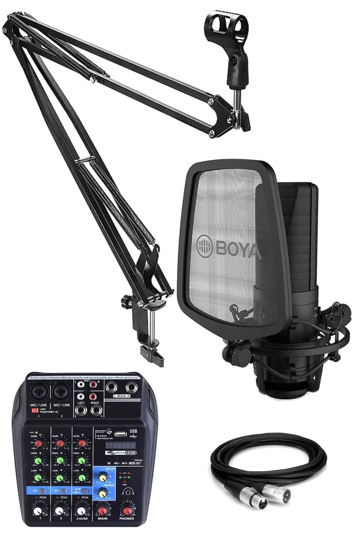 Boya BY-M1000 Set Condenser Mikrofon Stand ve Phantomlu Mikser Seti
