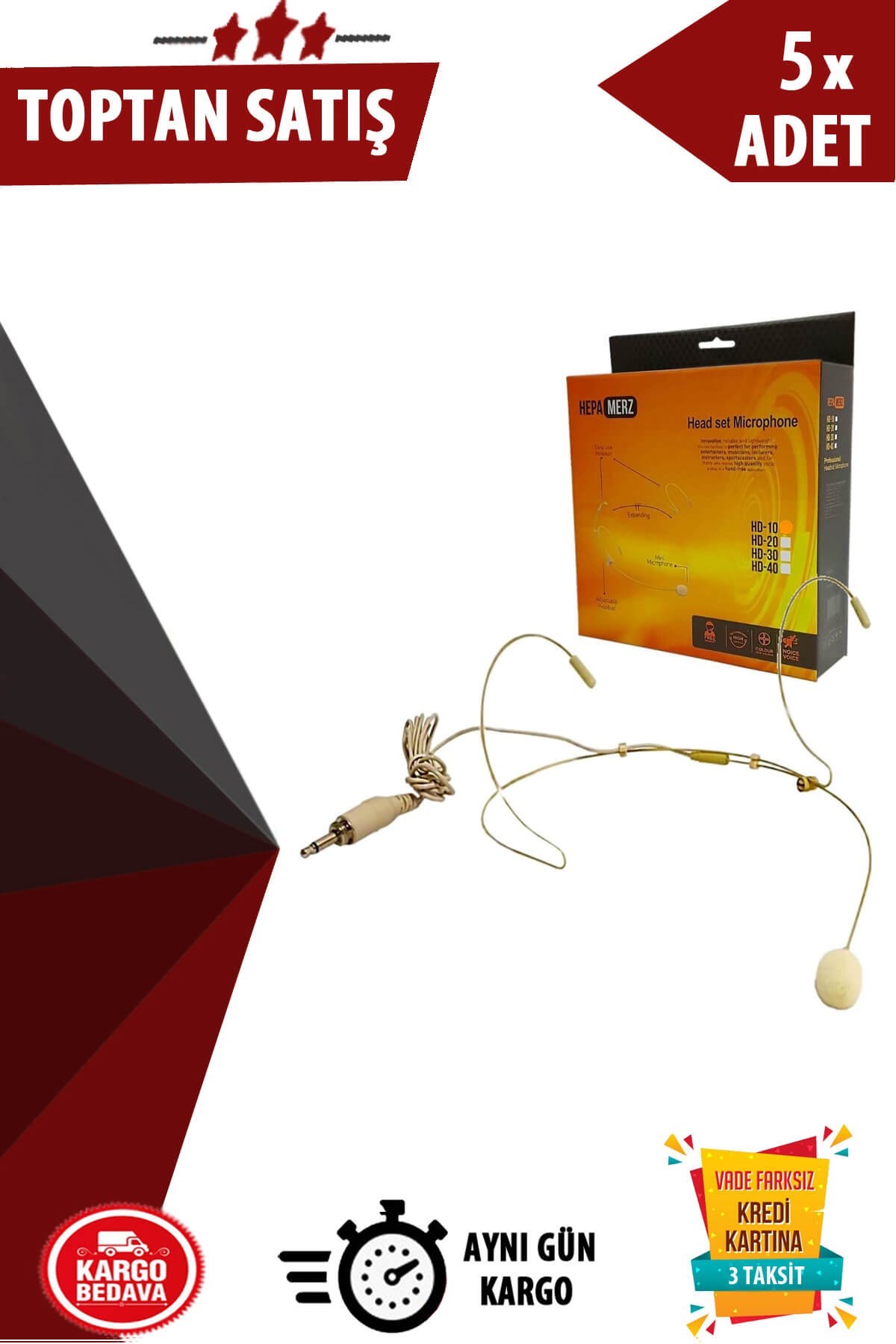 Hepa Merz HD10 Headset Kafa Mikrofon (3.5 mm İçten Vidalı Bel Pedleri İle Uyumlu) 5li Paket (Toptan Alışveriş)