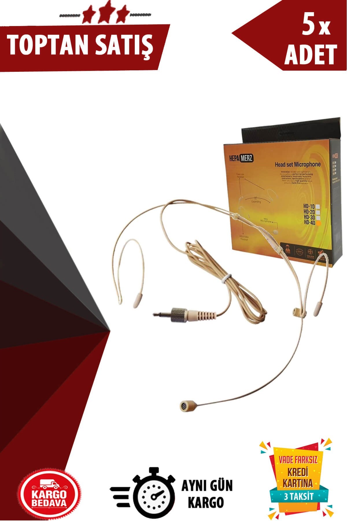 Hepa Merz HD20 Headset Kafa Mikrofon (3.5 mm Dıştan Vidalı Bel Pedleri İle Uyumlu) 5li Paket (Toptan Alışveriş)