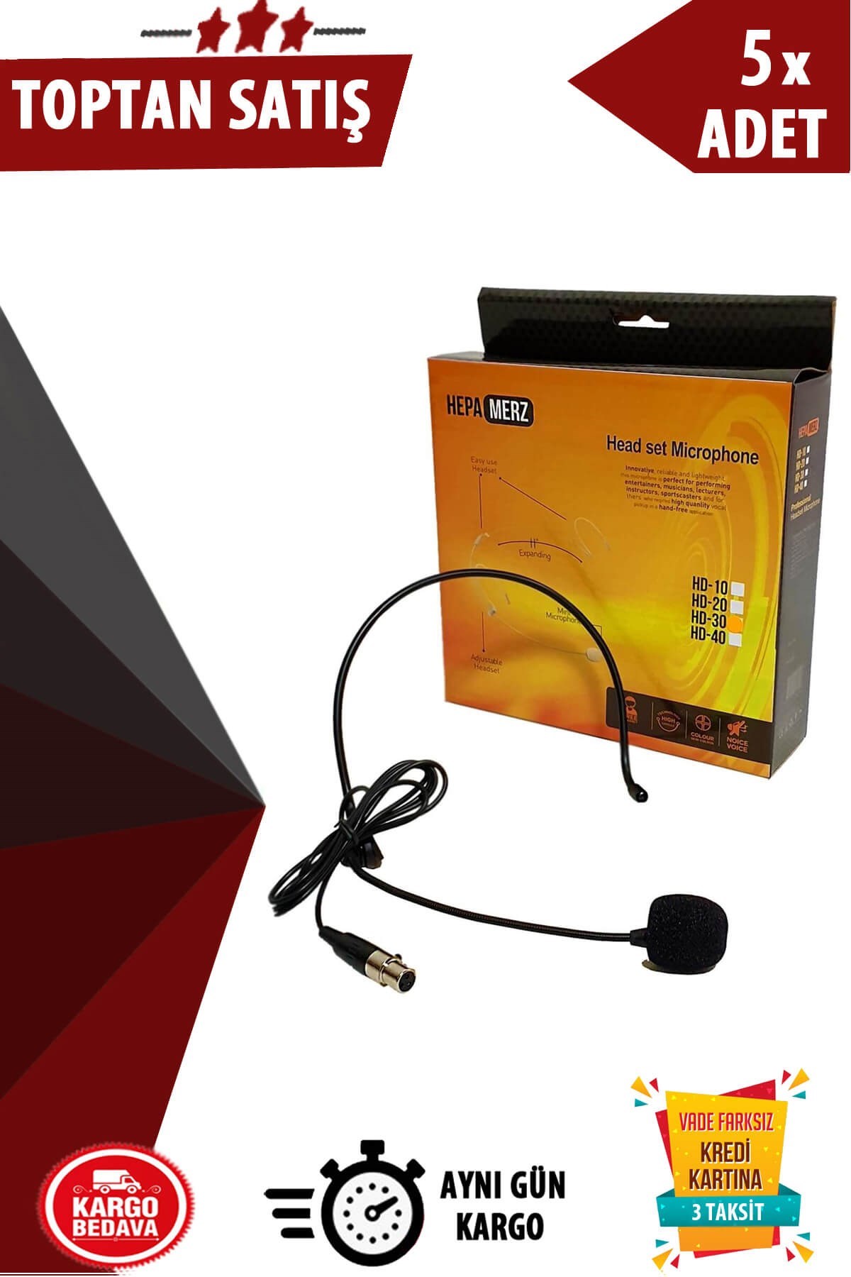 Hepa Merz HD30 3 Pinli Mini XLR Headset Mikrofon (3 Pinli Bel Ped'lerine Uyumlu) 5li Paket (Toptan Alışveriş)