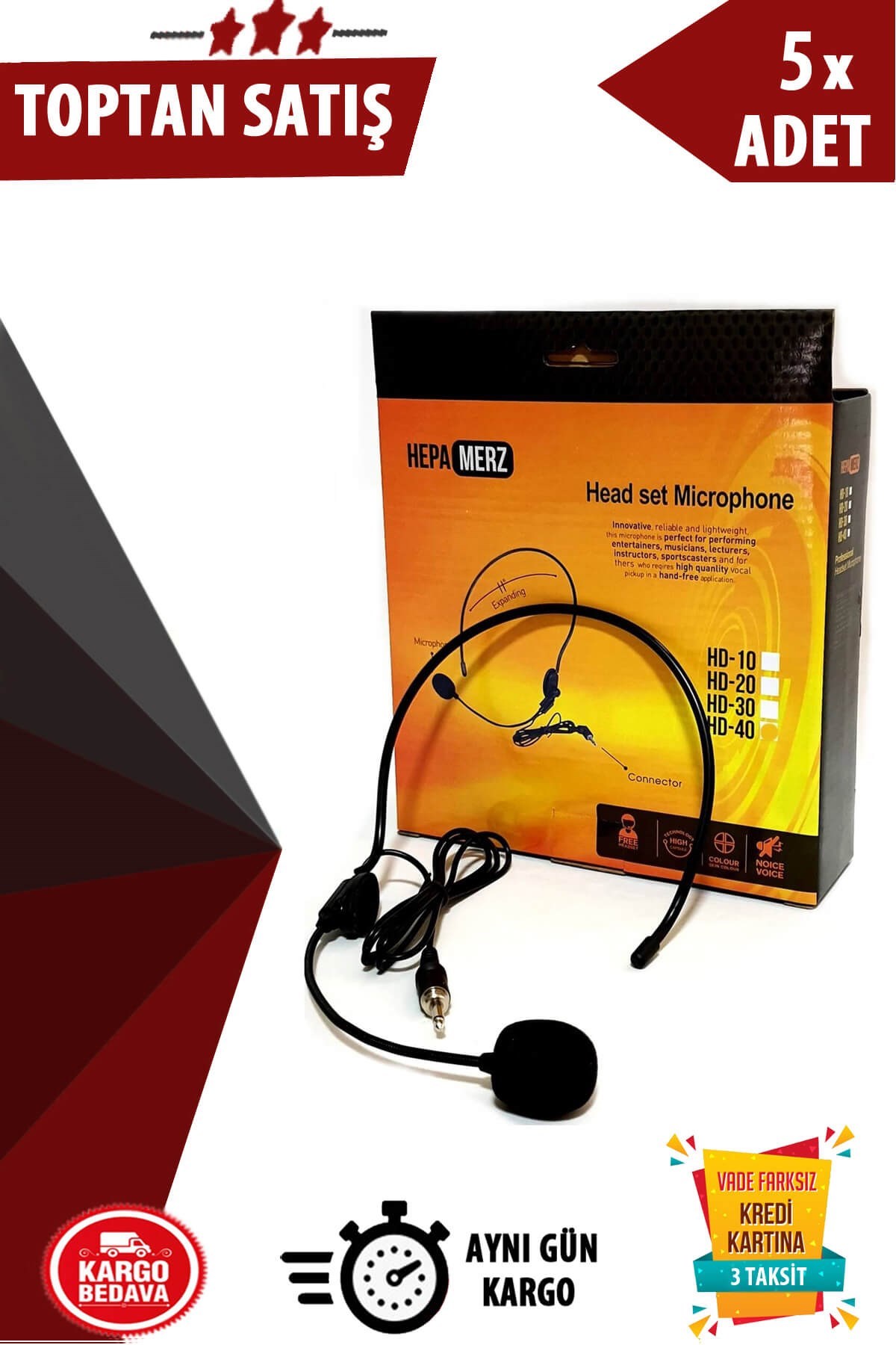 Hepa Merz HD40 Headset Kafa Mikrofon (3.5 mm İçten Vidalı Bel Pedleri İle Uyumlu) 5li Paket (Toptan Alışveriş)