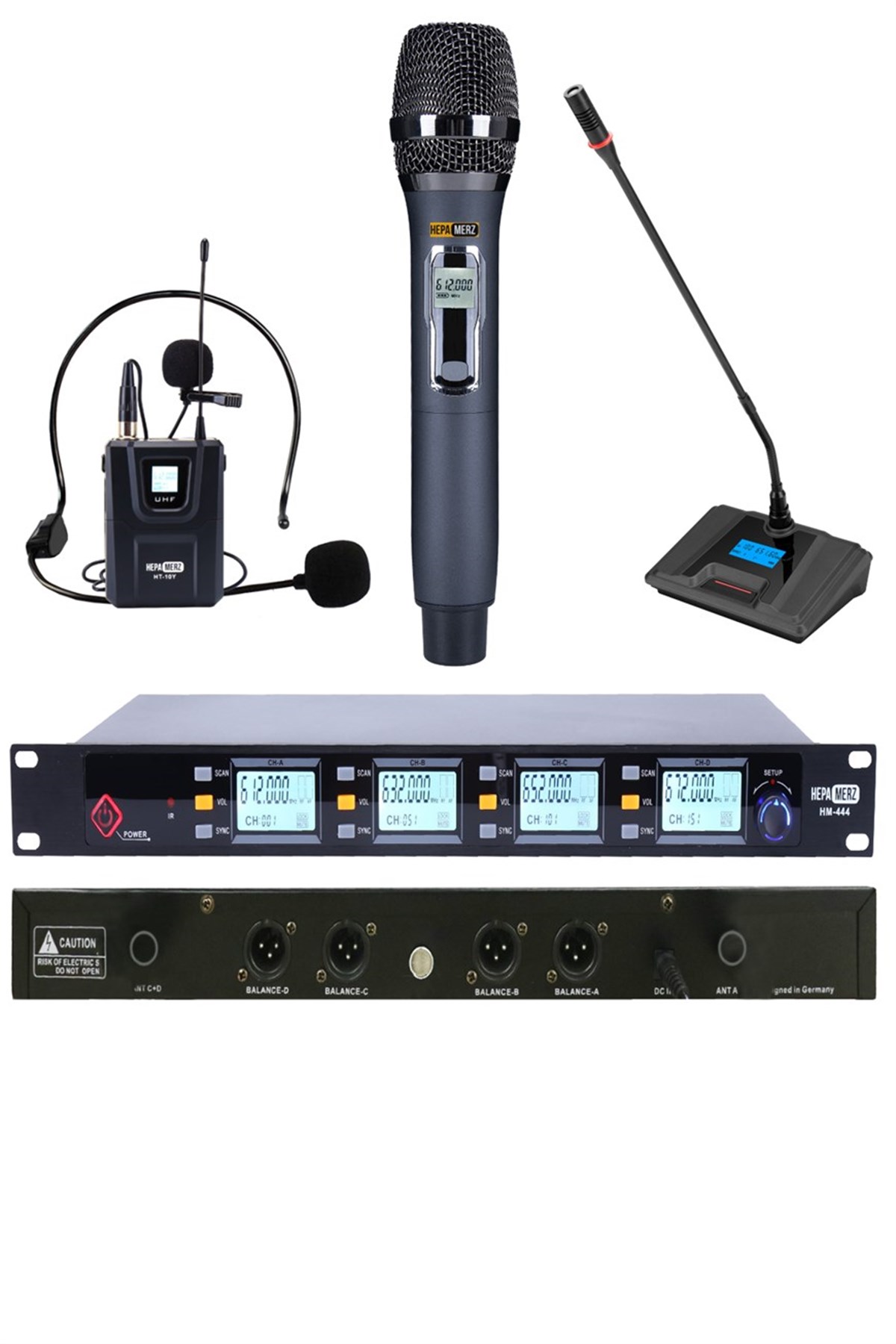 Hepa Merz HM-443EHM Dijital UHF 3'lü Kablosuz MASA YAKA EL Mikrofon Seti Telsiz Mikrofon