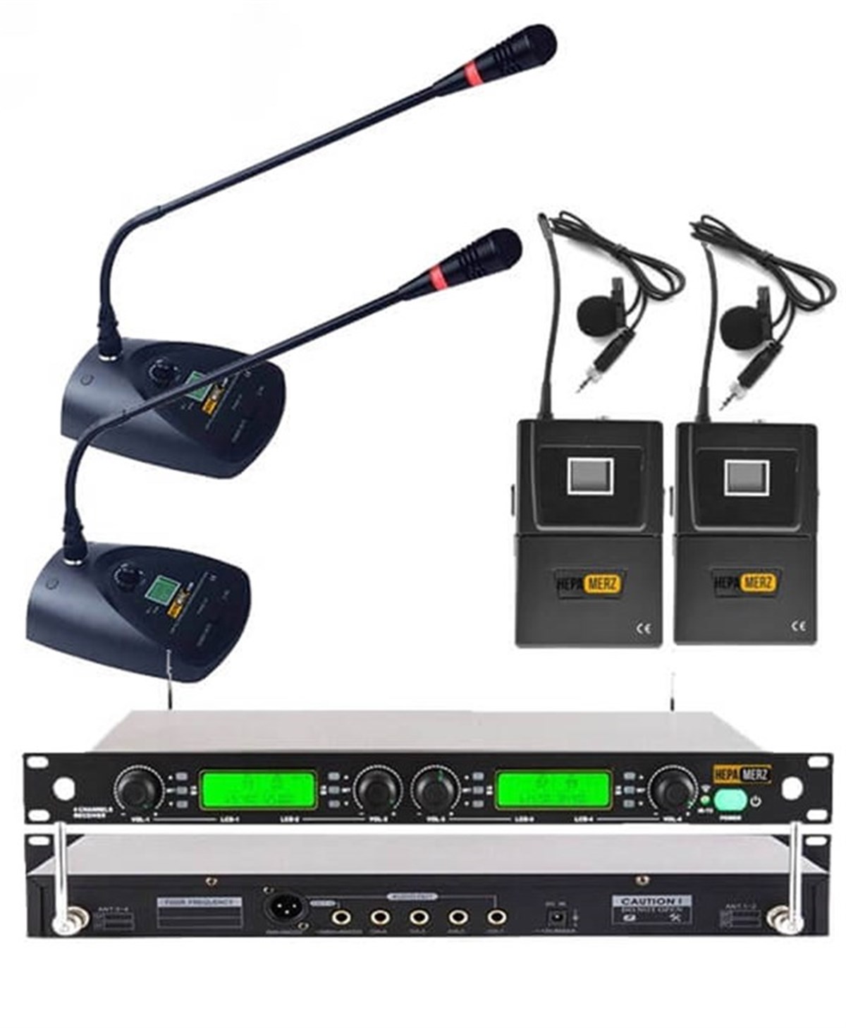 Hepa Merz HM-444HM 4'lü Kablosuz Yaka ve Masa Kürsü Mikrofonu Seti 4lü Telsiz Mikrofon (2 MASA 2 YAKA HEADSET)