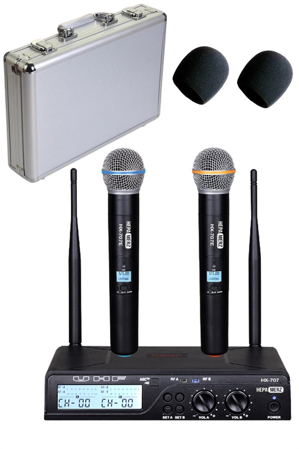 Hepa Merz HX-707E Dijital UHF 2x100 Kanal Çiftli Telsiz Kablosuz EL Mikrofonu (Hardcase Çantalı)