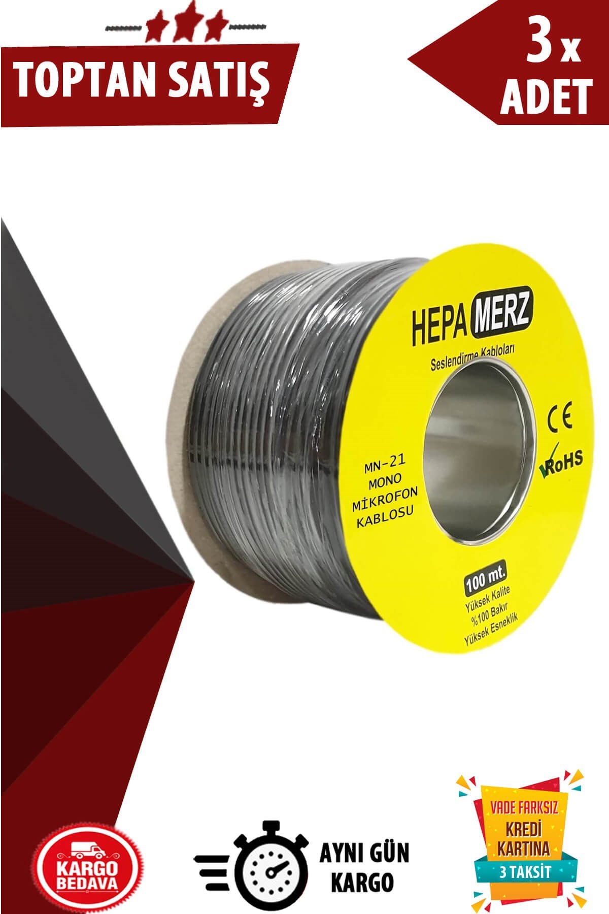 Hepa Merz MN-21 Tam Bakır Mono Mikrofon Ses Kablosu 100 Mt. 3lü Paket (Toptan Alışveriş)
