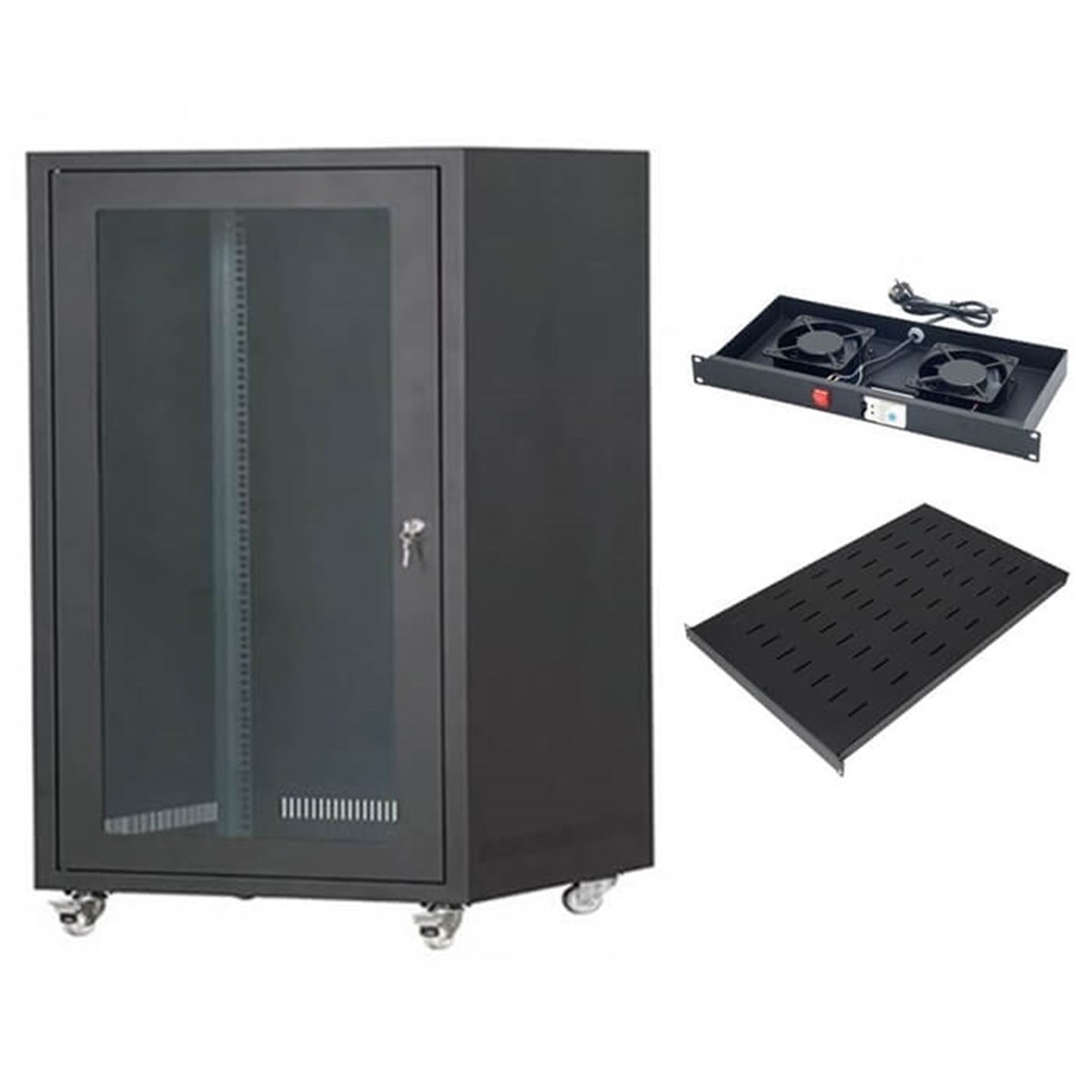 Lastvoice 19'' Tekerlekli Camlı 12U Rack Kabinet + Fan + Sabit Raf