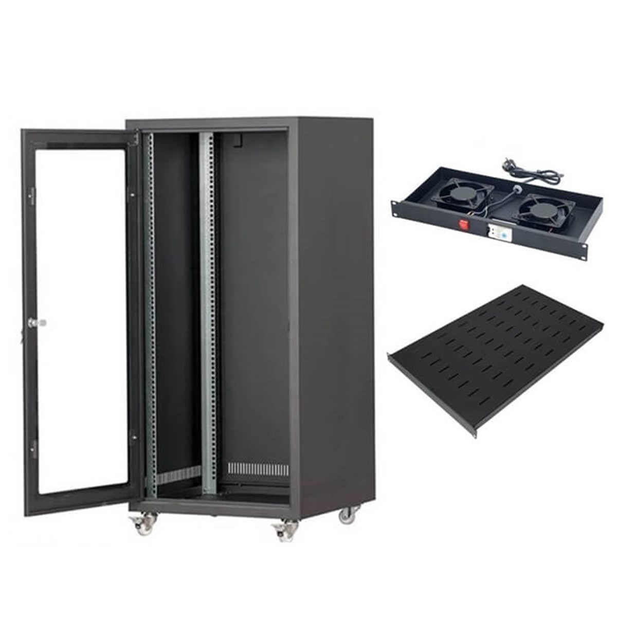 Lastvoice 19'' Tekerlekli Camlı 16U Rack Kabinet + Fan + Sabit Raf