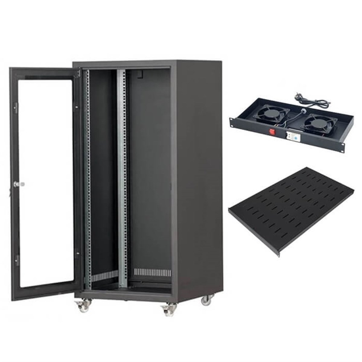 Lastvoice 19'' Tekerlekli Camlı 20U Rack Kabinet + Fan + Sabit Raf