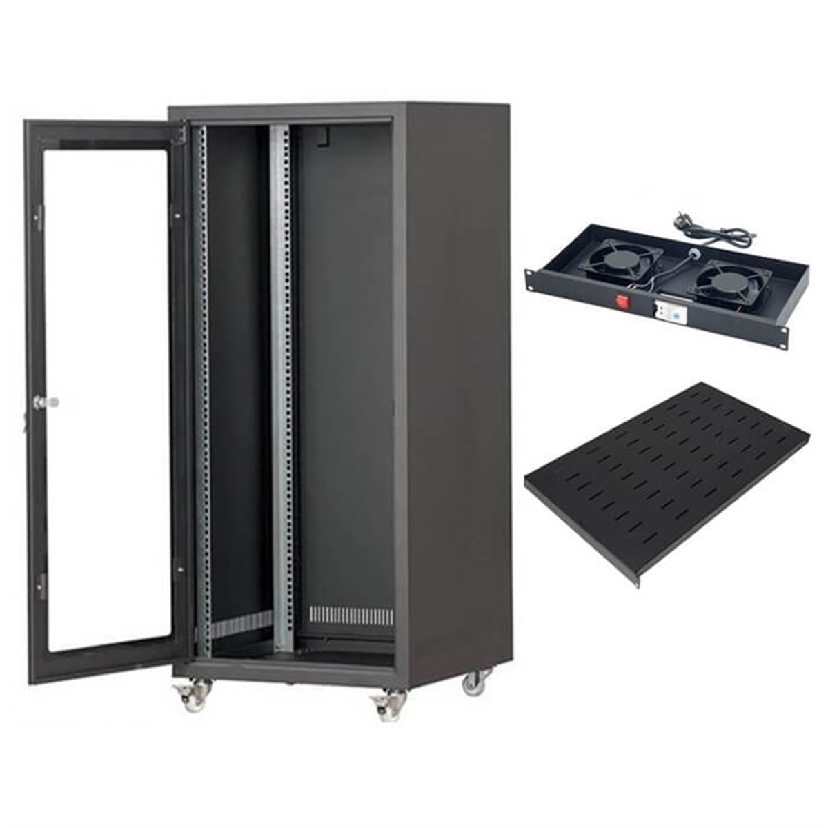 Lastvoice 19'' Tekerlekli Camlı 26U Rack Kabinet + Fan + Sabit Raf