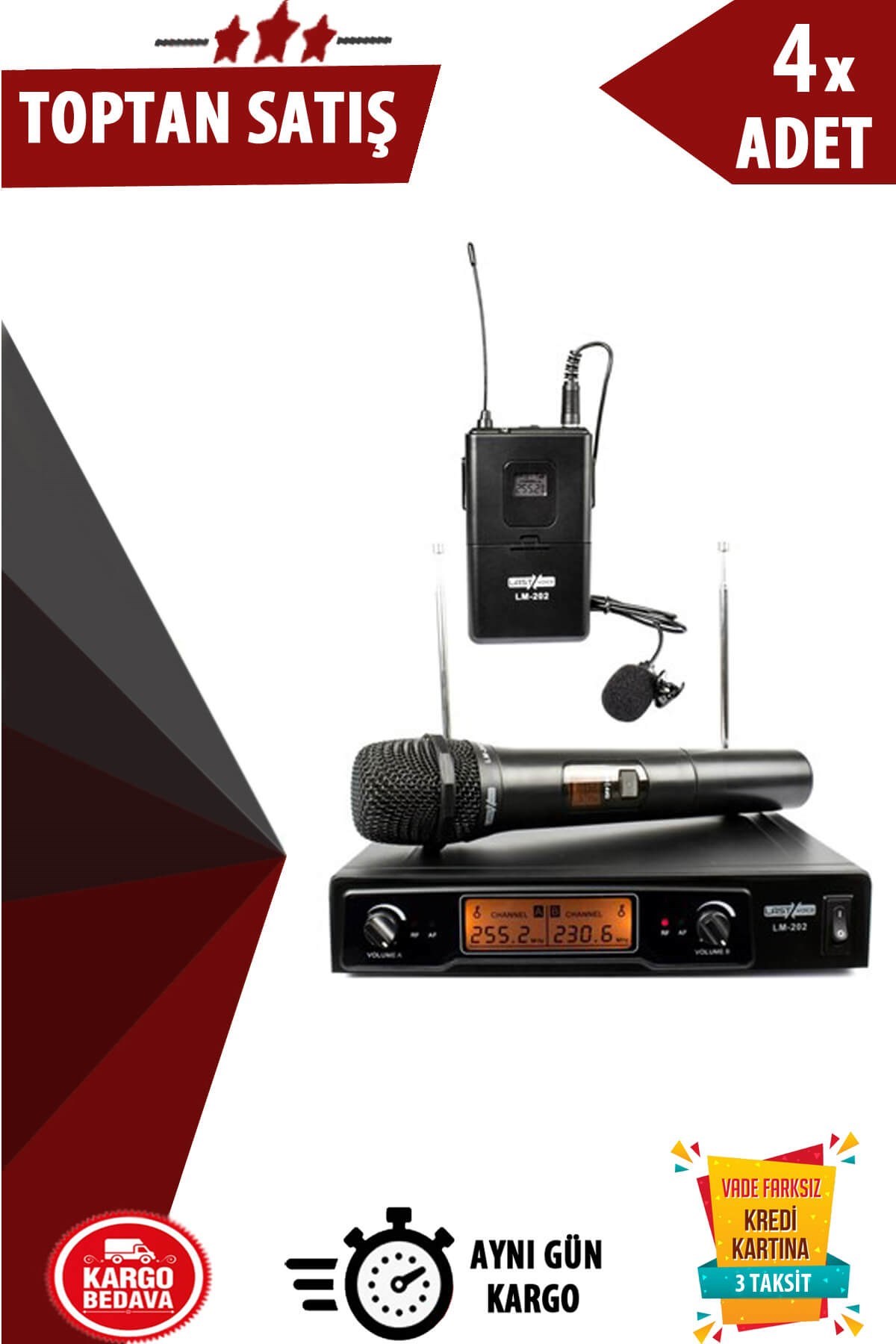 Lastvoice 202EY Çiftli Telsiz Kablosuz EL ve Yaka Mikrofonu 4lü Paket (Toptan Alışveriş)