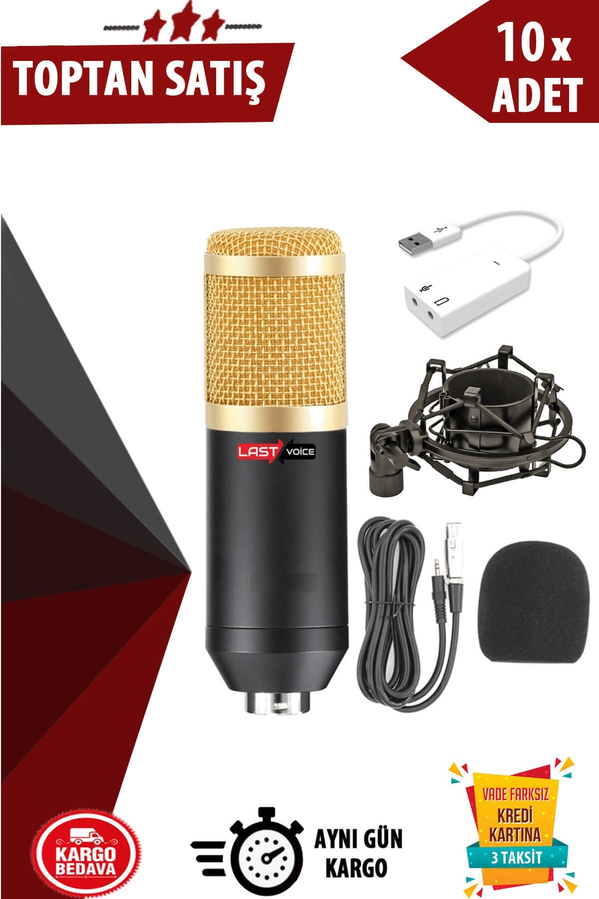 Lastvoice BM800 Condenser Stüdyo Mikrofon Set (7.1 Ses Kartı Hediye) 10lu Paket (Toptan Alışveriş)