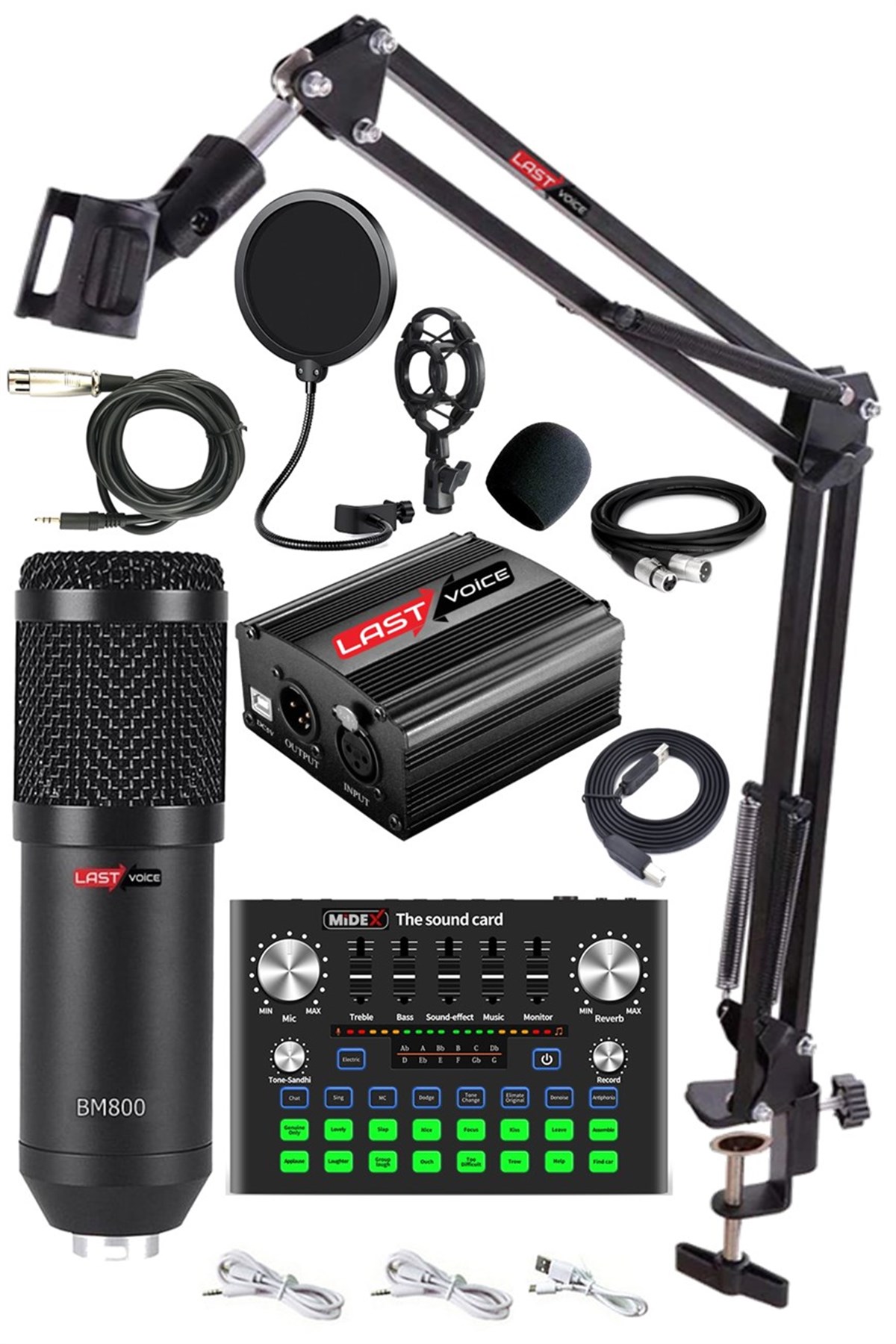 Lastvoice BM800 Live PRO Plus Set Efektli Ses Kartı Phantom Power Mikrofon Stand Kayıt Canlı Yayın (PC ve Telefon)