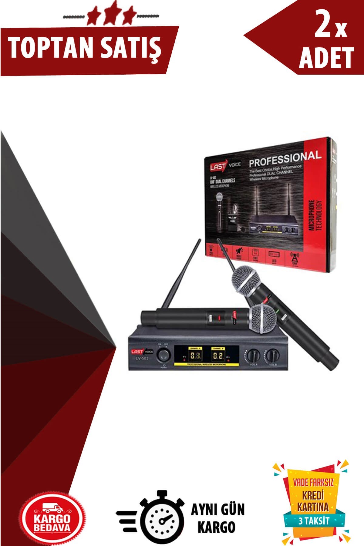 Lastvoice Lv-502EE Çiftli EL Tipi UHF Telsiz Kablosuz Mikrofon 2li Paket (Toptan Alışveriş)