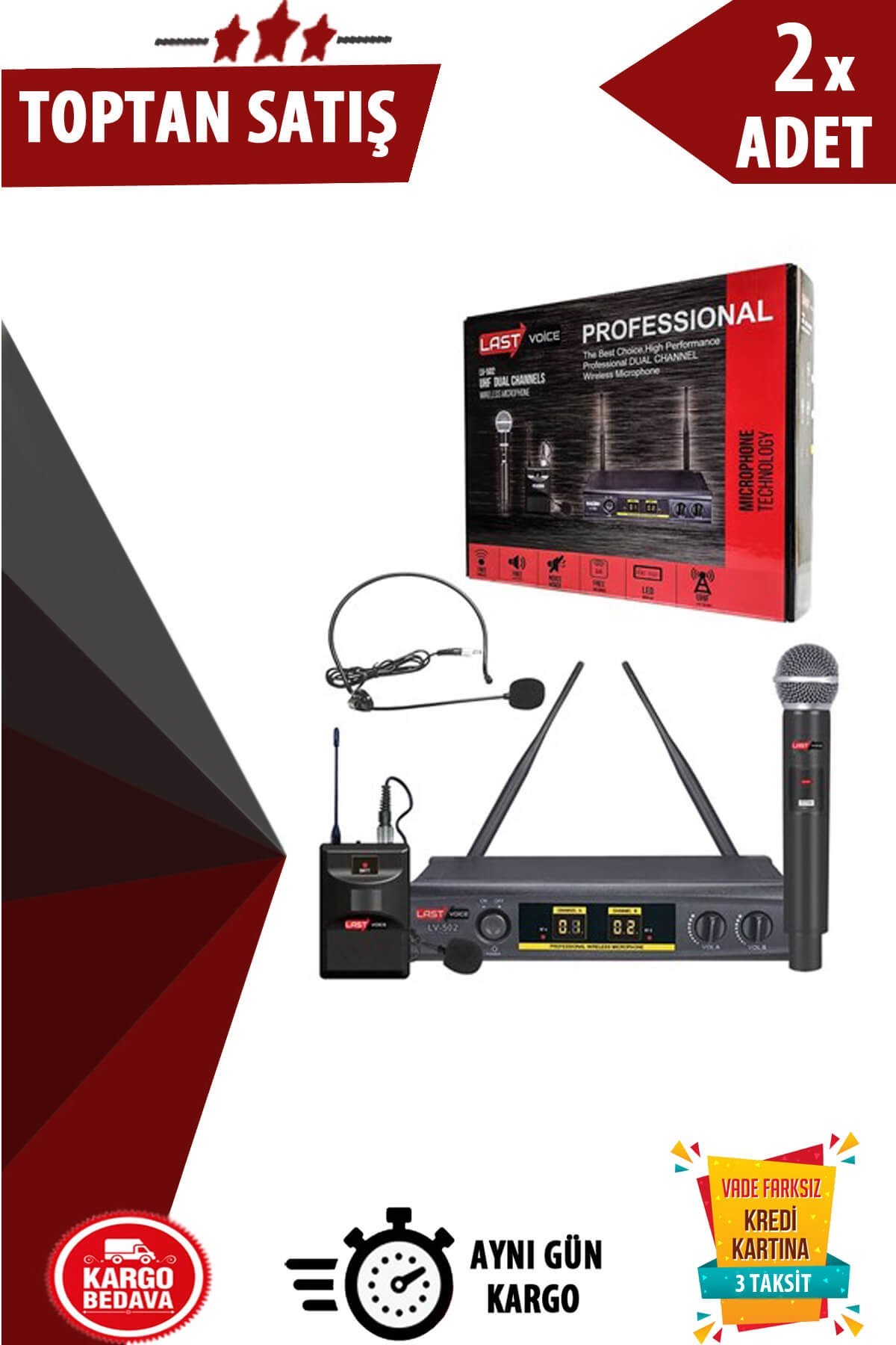 Lastvoice Lv-502EH EL ve Kafa Çiftli UHF Telsiz Kablosuz Mikrofon 2li Paket (Toptan Alışveriş)