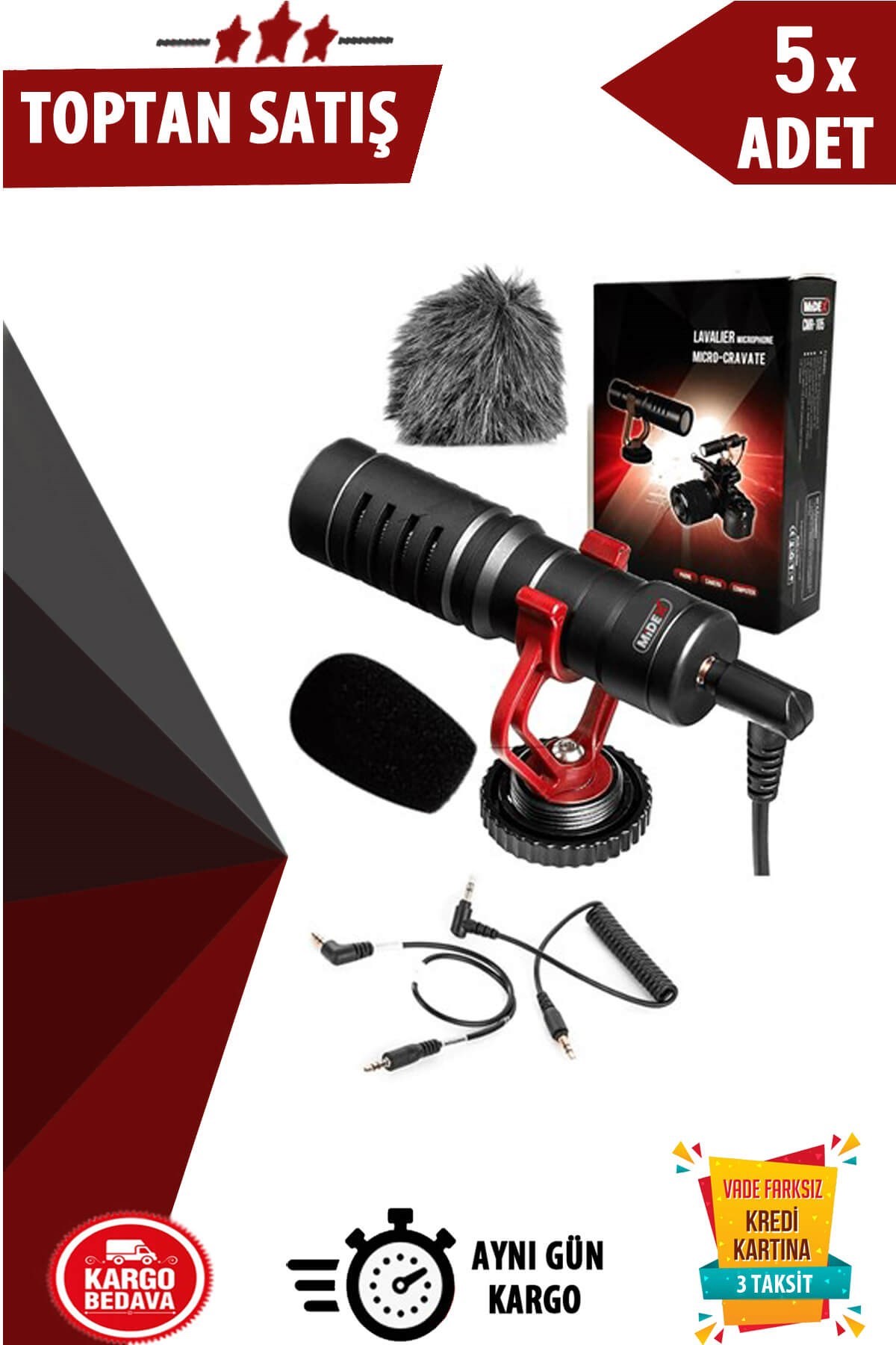 Midex CMR-105S Dslr Video Fotoğraf Makinesi Kamera Üstü Shotgun Mikrofon + Tüylü Sünger 5li Paket (Toptan Alışveriş)