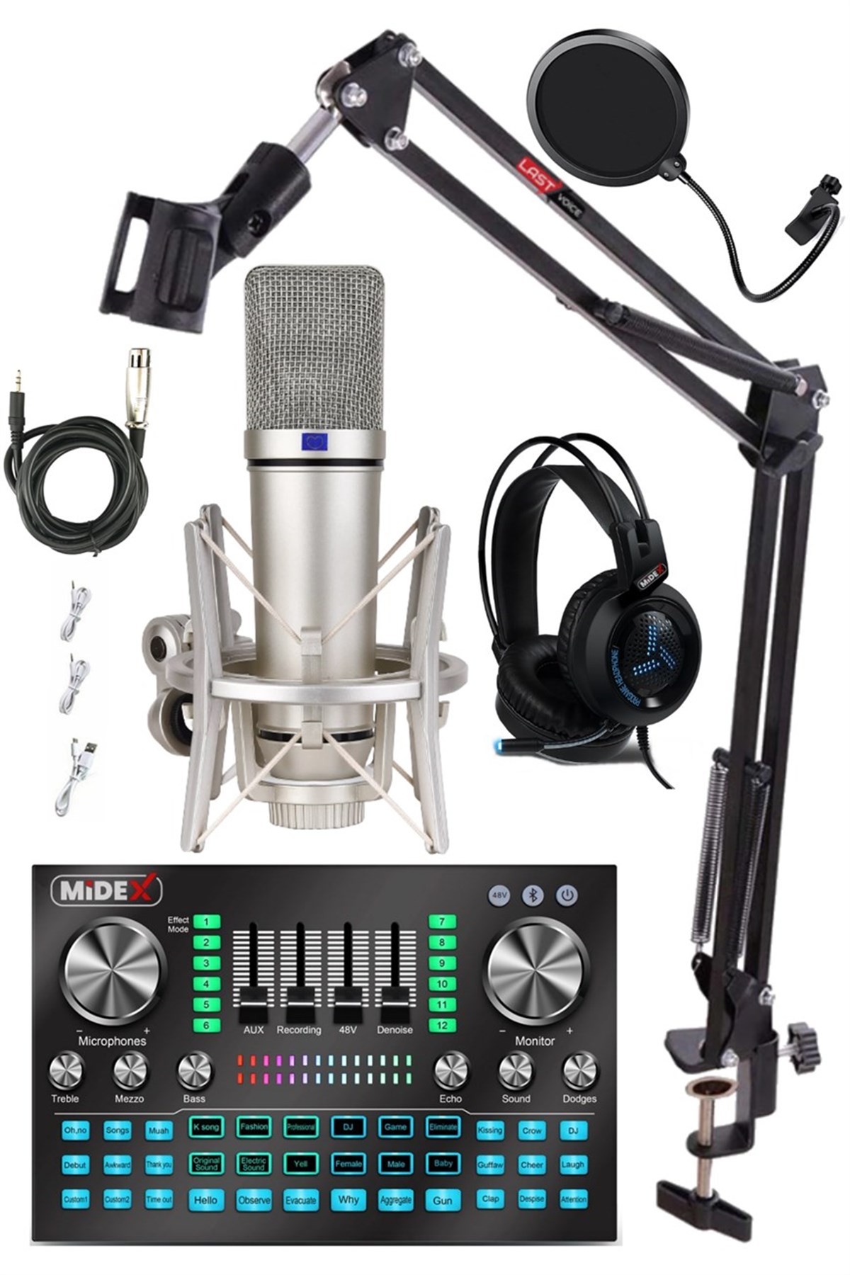 Midex CX1 Diamond Set Efektli Ses Kartı Mikrofon Kulaklık Stand Kayıt Canlı Yayın Seti (PC ve Telefon)