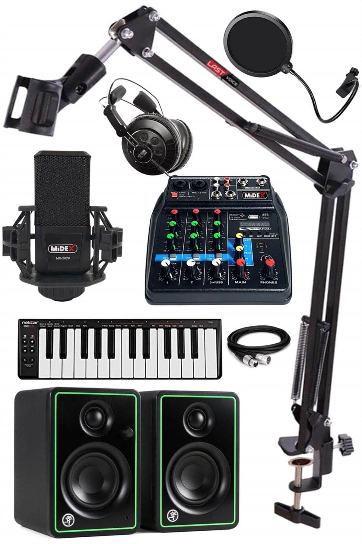 Midex İmpressive Paket-3 Stüdyo Ekipmanları Seti (Monitör Mikrofon Ses Kartı Kulaklık Midi Klavye)