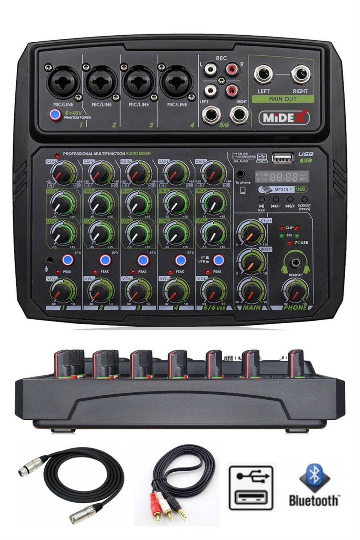Midex MDX-600 Stüdyo Kayıt İçin 6 Kanal Ses Kartlı +48V Phantomlu Kayıt Mikseri (Bluetooth USB)