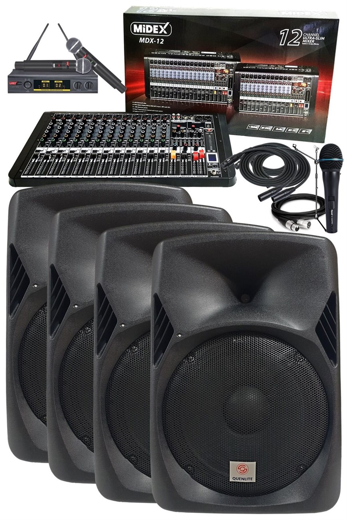 Midex Music Set-4 Aktif Ses Sistemi Paketi (Hoparlör Mixer Mikrofon Stand)