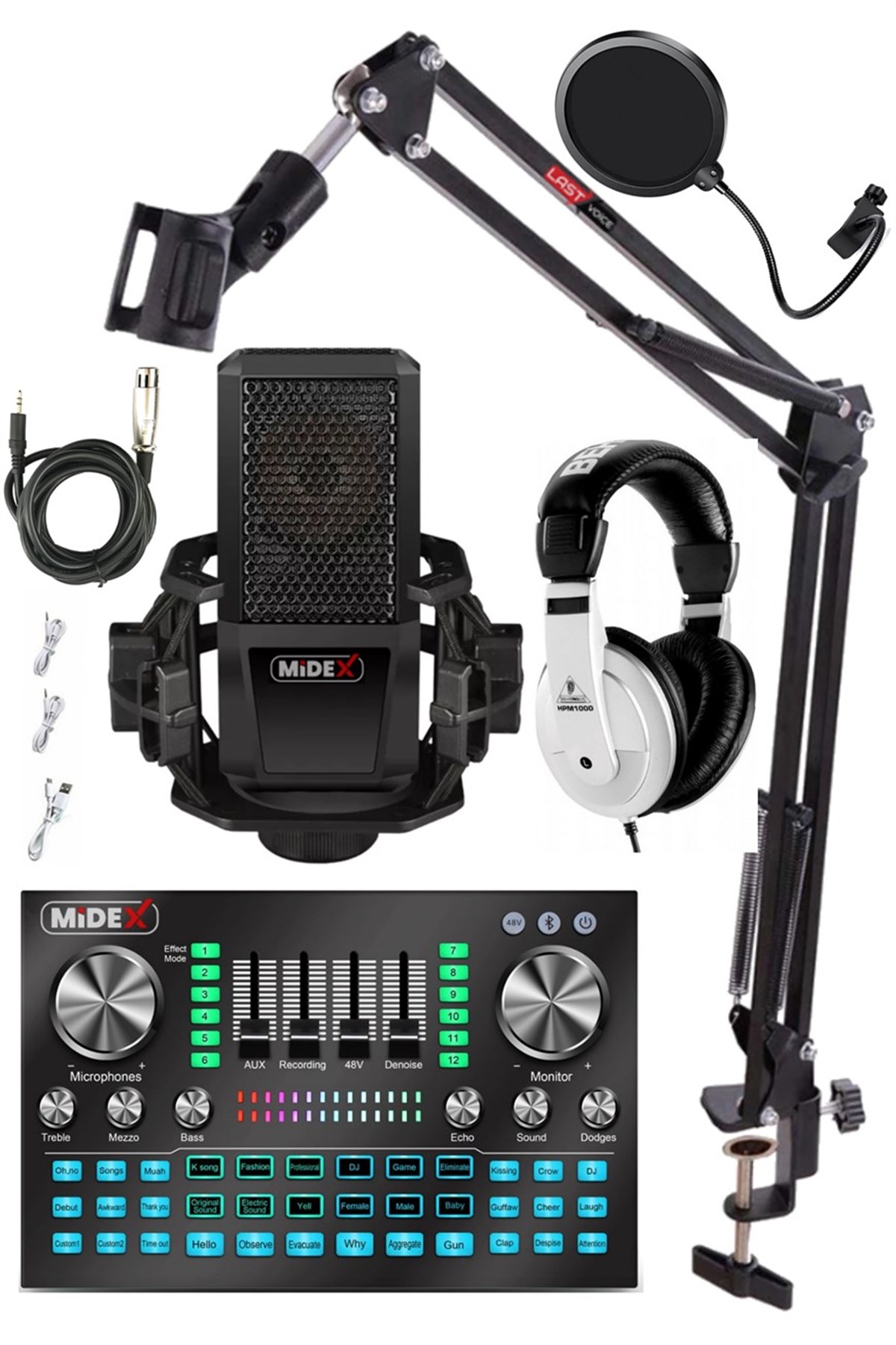 Midex MX-2020 Diamond Set Efektli Ses Kartı Mikrofon Kulaklık Stand Kayıt Canlı Yayın Seti (PC ve Telefon)