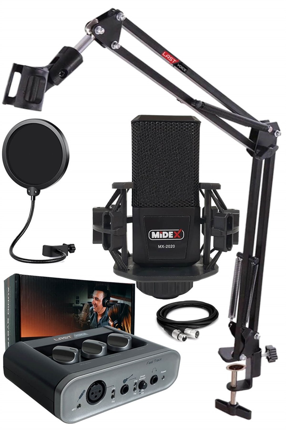 Midex Performans Paket-1 Stüdyo Ekipmanları Kayıt Seti MX-2020 Mikrofon Ses Kartı kulaklık