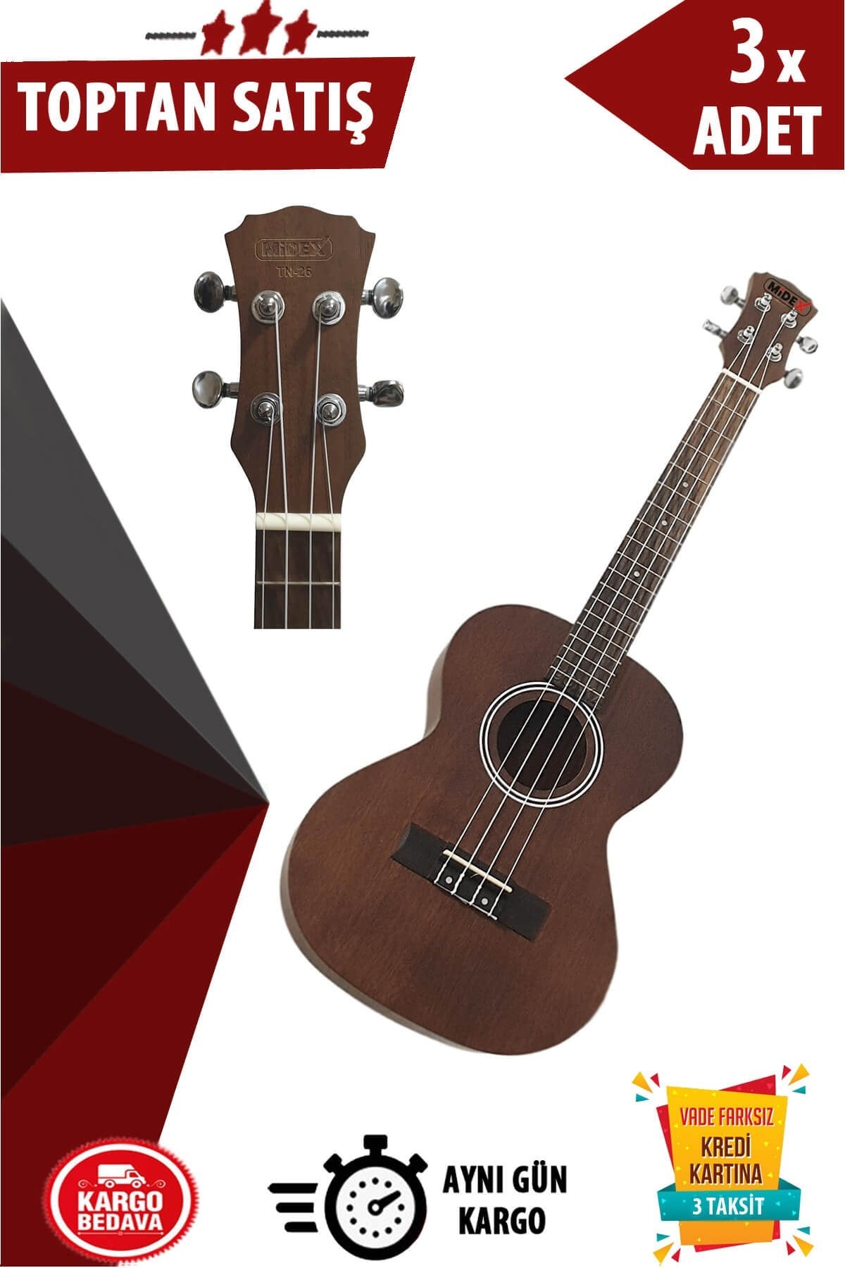 Midex TN-26 Tenör Ukulele Maun 26'' (Pena Hediye) 3lü Paket (Toptan Alışveriş)