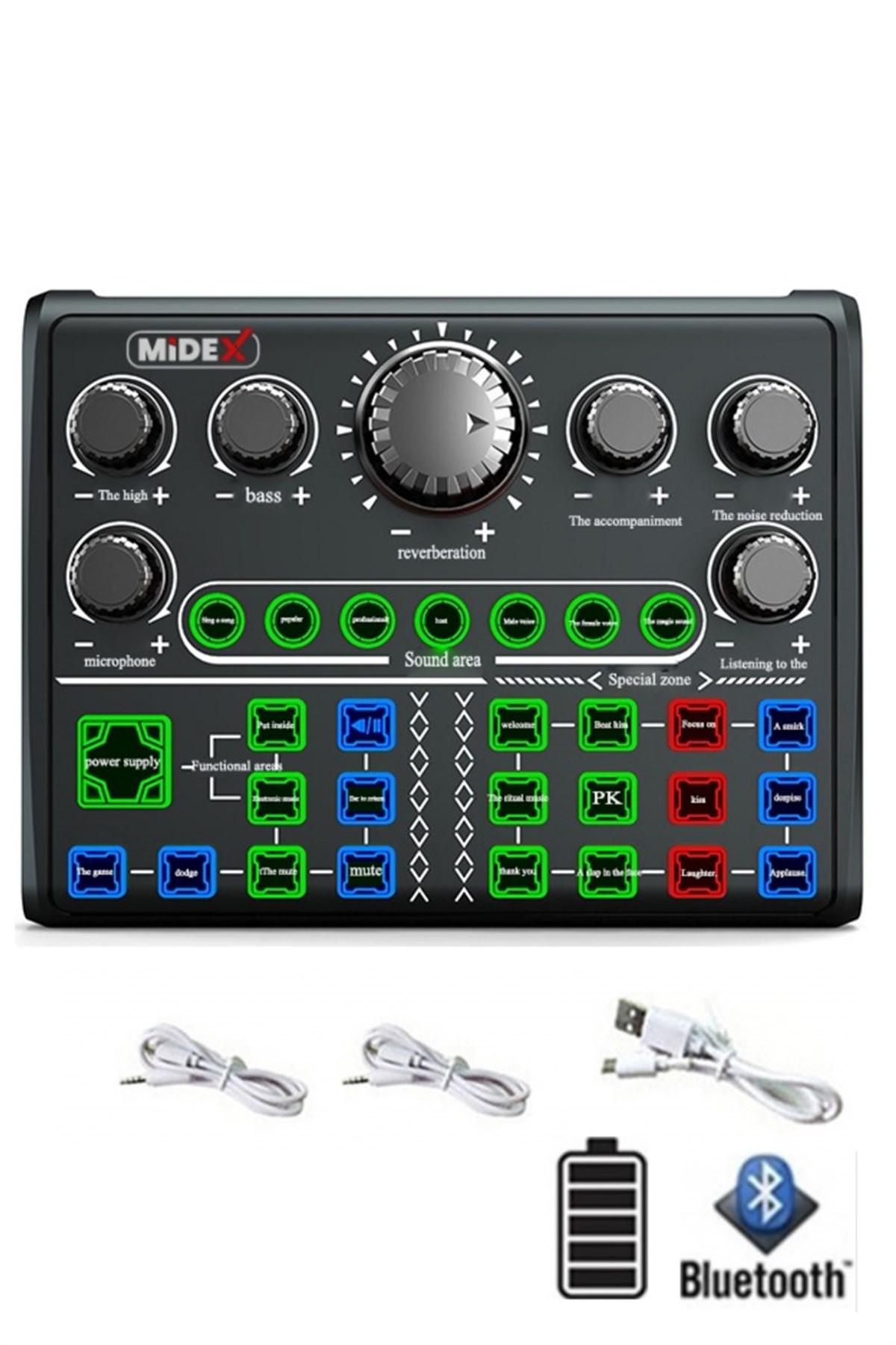 Midex VS10 Üst Seviye Stüdyo Kayıt Canlı Yayın Bluetooth ve Şarjlı Ses Kartı Efektli Radyo Mikseri (Telefon ve PC Podcast)