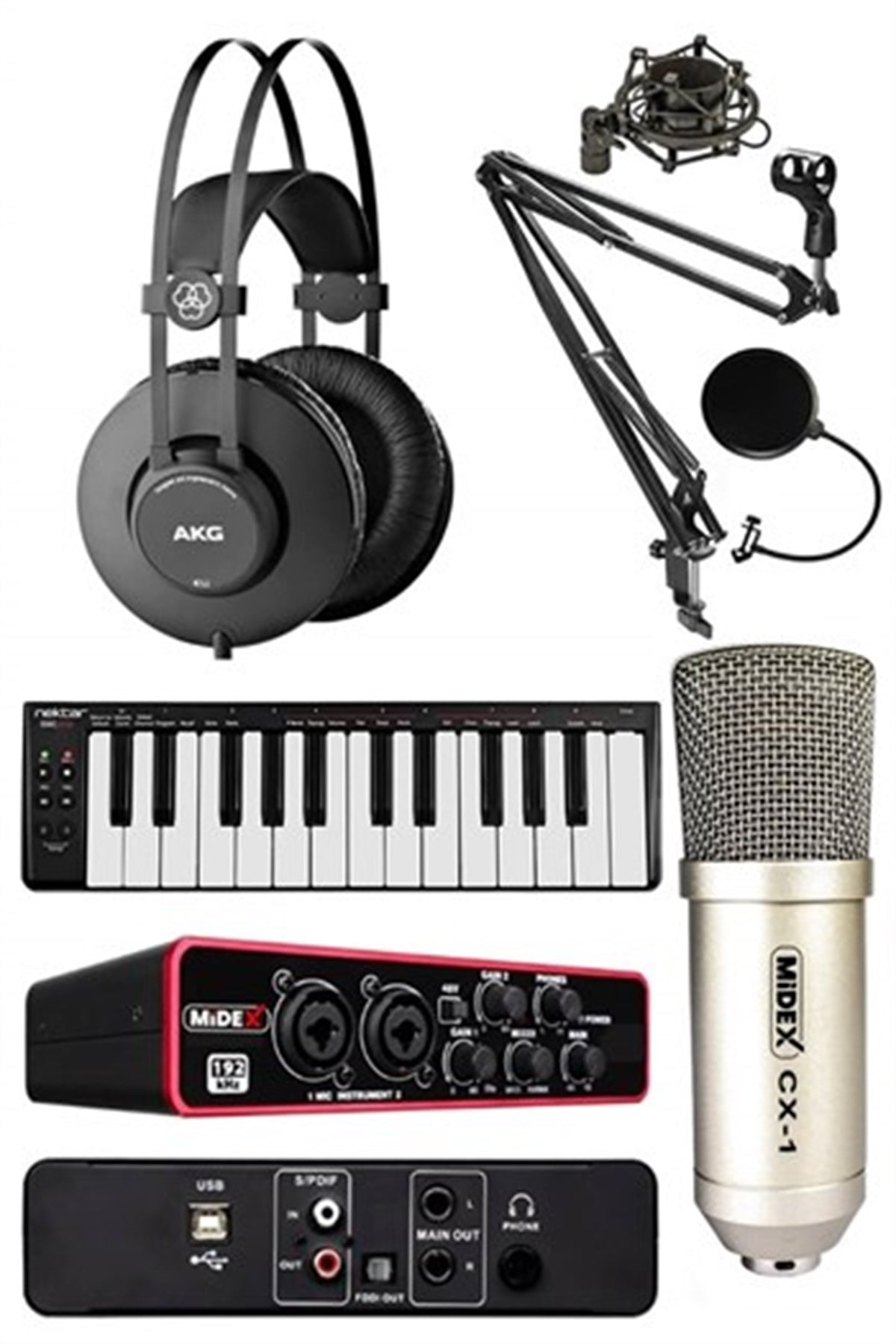 Stüdyo Ekipmanları Ses Kartı Midi Klavye Kulaklık Full Paket-17