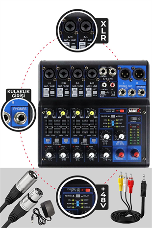 Midex MDX-06FXU Ses Mikseri Stüdyo Kayıt İçin 6 Kanal Ses Kartlı +48V Phantomlu (Bluetooth USB)