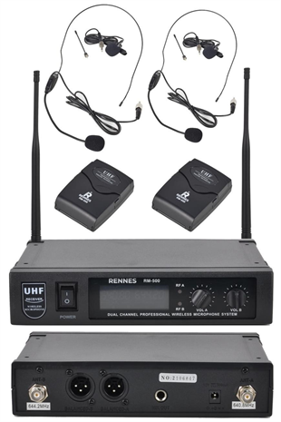 Rennes RM-500HH UHF Çiftli Yaka ve headset Telsiz Kablosuz Mikrofon Seti