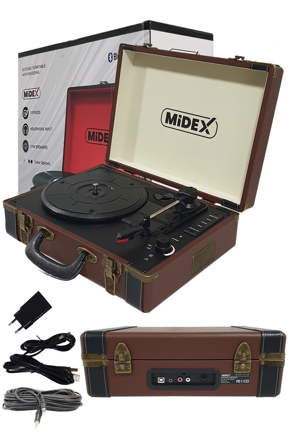 Midex Şarj Bluetooth Aux İğne Dahil Hoparlörlü Pikap Plak Çalar (MTX101)