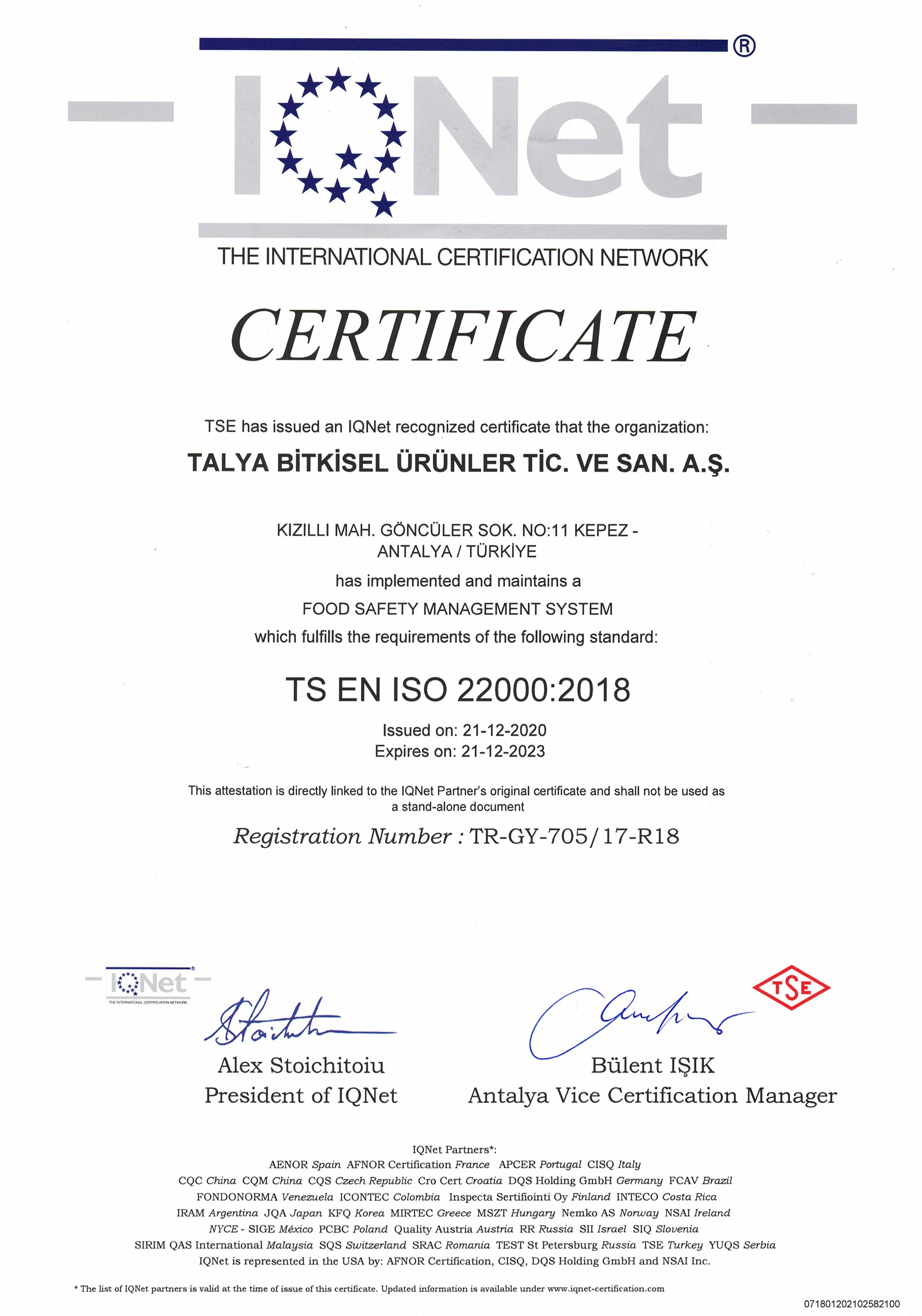 Food safety management system TS EN ISO 22000 belgesi talya bitkisel