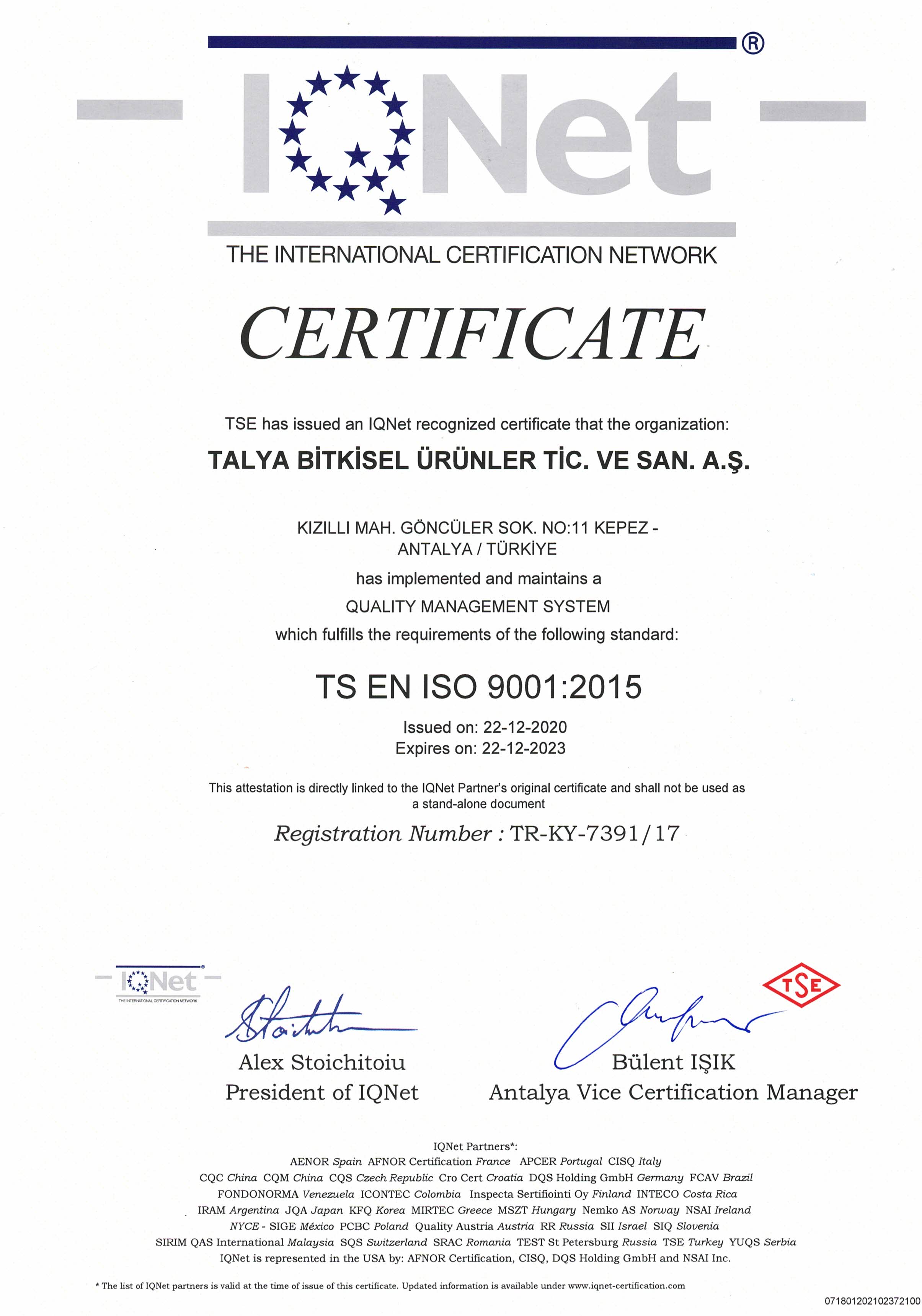 Quality Management System TS EN ISO 9001:2015 belgesi talya bitkisel