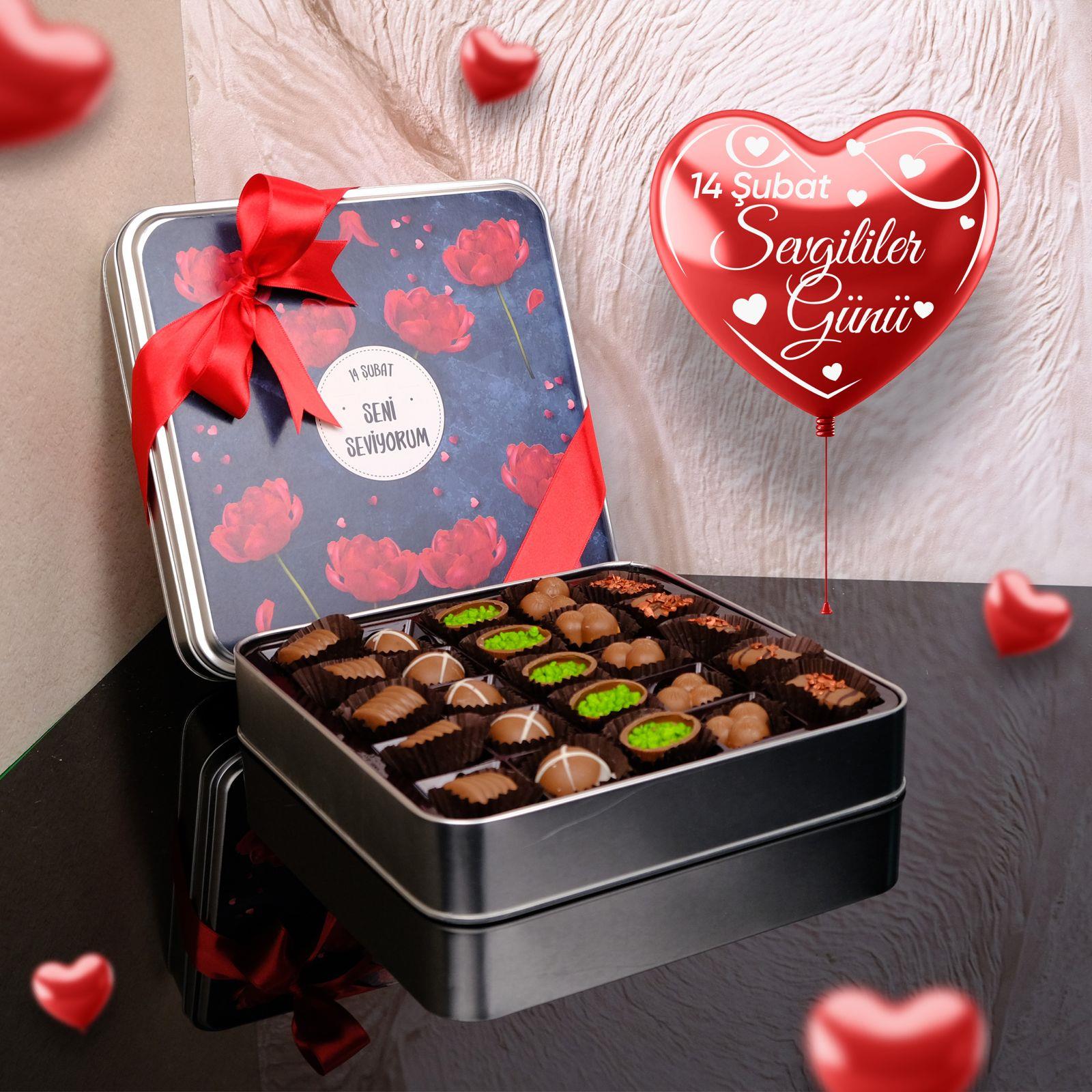 Sevgililer Günü Çikolatası Siyah Desenli Metal Kutulu