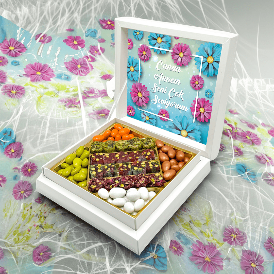 Anneler Günü Hediyesi Papatya Desenli Meyveli Şerit Lokum & Draje Metal Kutulu
