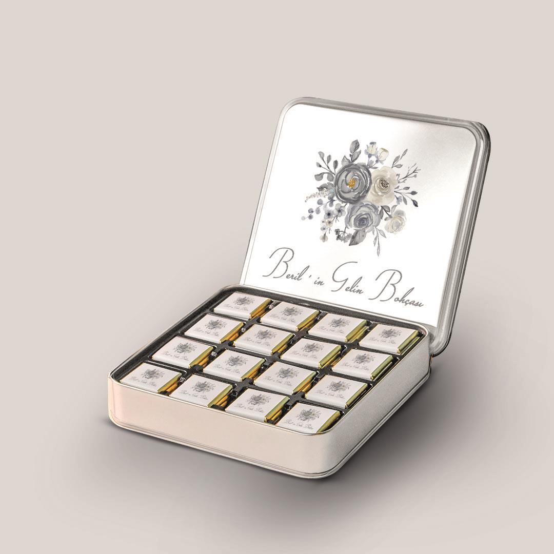 32 Adetli Çiçek Desenli Gelin Bohçası Metal Kutu Madlen Çikolata