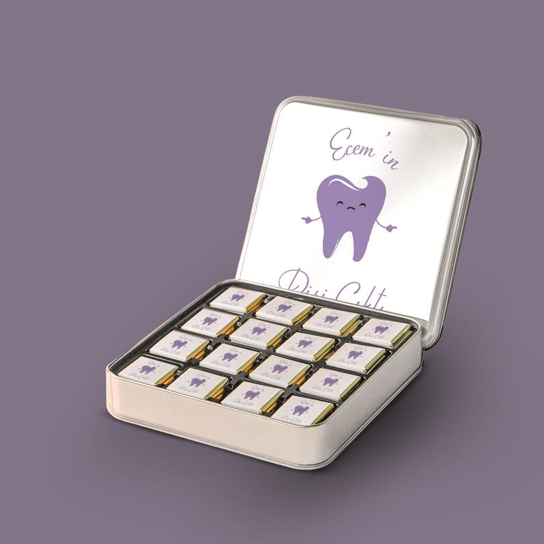 32 Adetli Diş Figürlü Kız İlk Diş Metal Kutu Madlen Çikolata