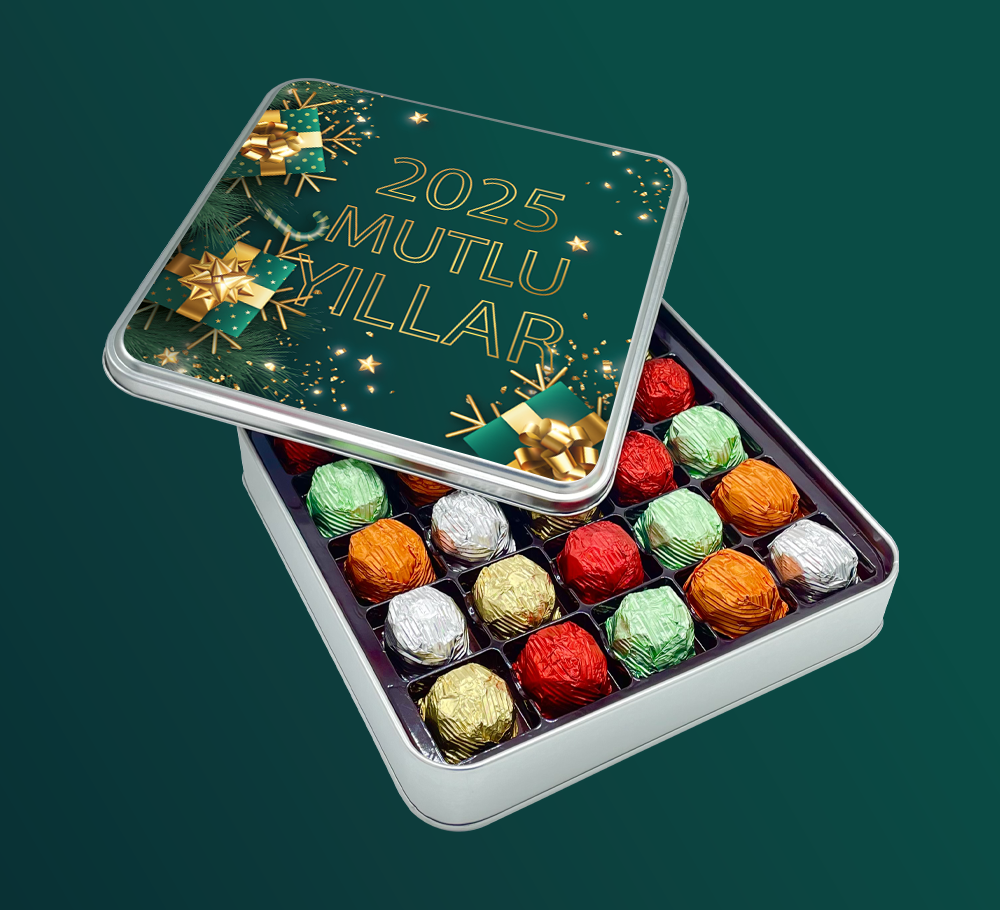 Yılbaşı Çikolatası Yeşil Desenli Renkli Fındıklı Çikolata Metal Kutu