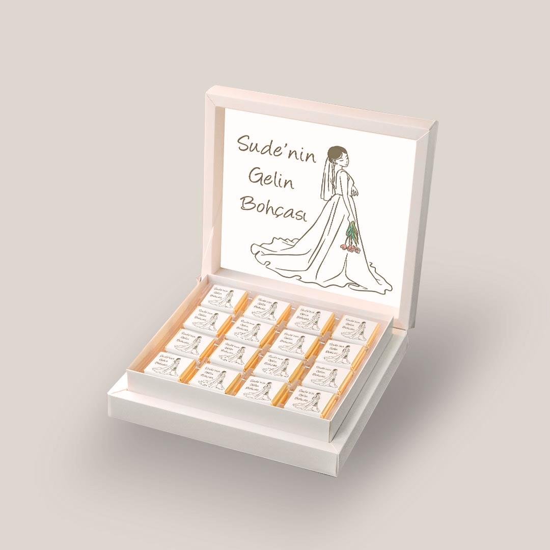 32 Adet Madlen Gelin Bohçası Çikolatası Laleli Gelin Siluet Desenli 