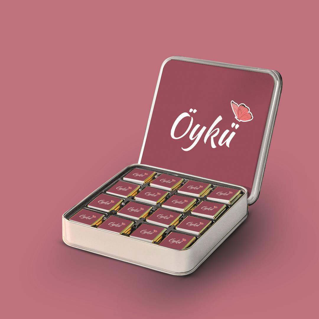 32 Adetli Kelebek Desenli Kız Bebek  Metal Kutu Madlen Çikolata