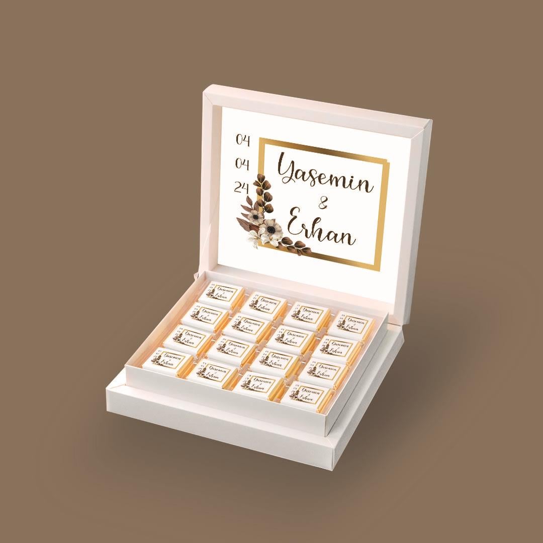 32 Adetli Madlen Söz Nişan Çikolatası Çiçekli Gold Çerçeve Desenli