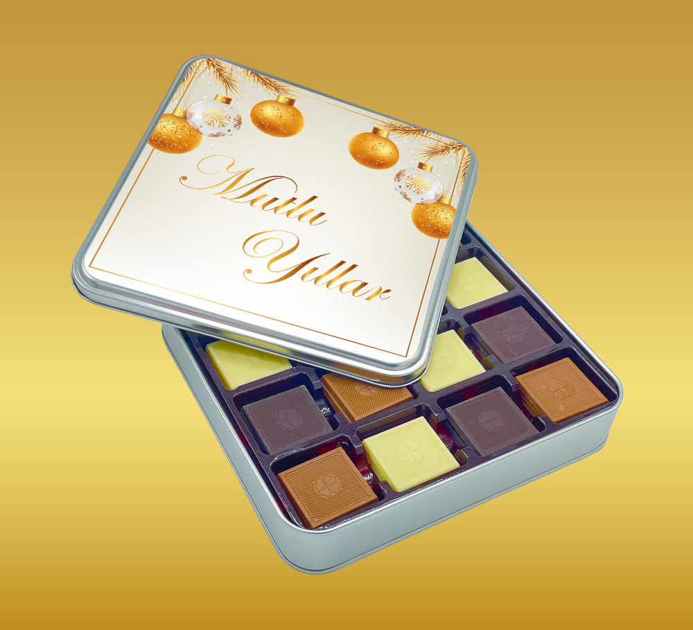 Yılbaşı Çikolatası Altın Desenli Açık Madlen Çikolata Kutusu