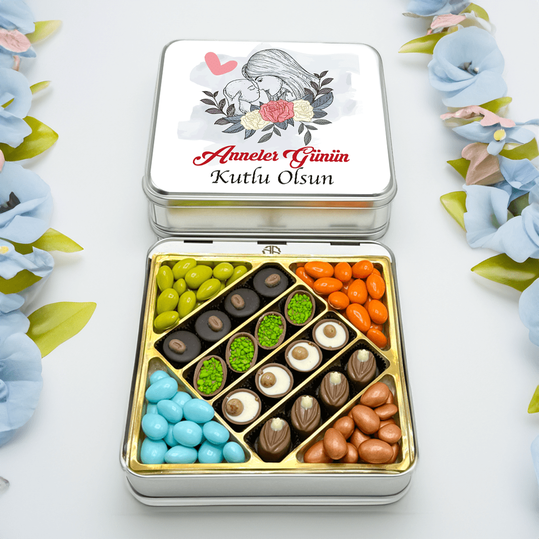 Anneler Günü Hediyesi Gül Desenli Karışık Special Çikolata & Draje Metal Kutulu