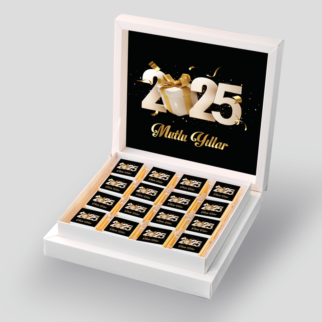 Yılbaşı Çikolataları Siyah Desenli 48 Adet Madlen Çikolata Sunum Kutulu