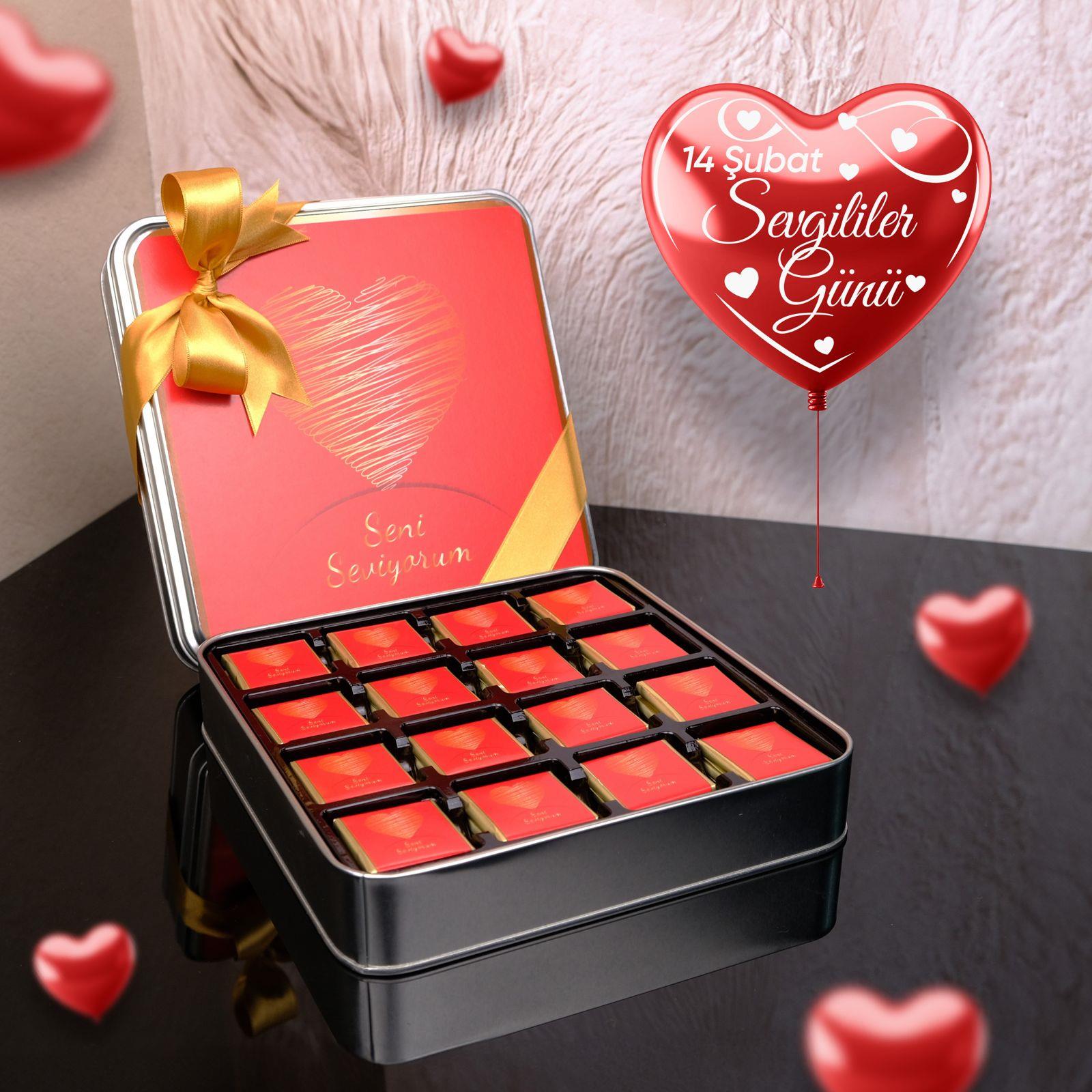 Sevgililer Günü Çikolatası Kırmızı Kalpli Metal Kutulu 32 Adet