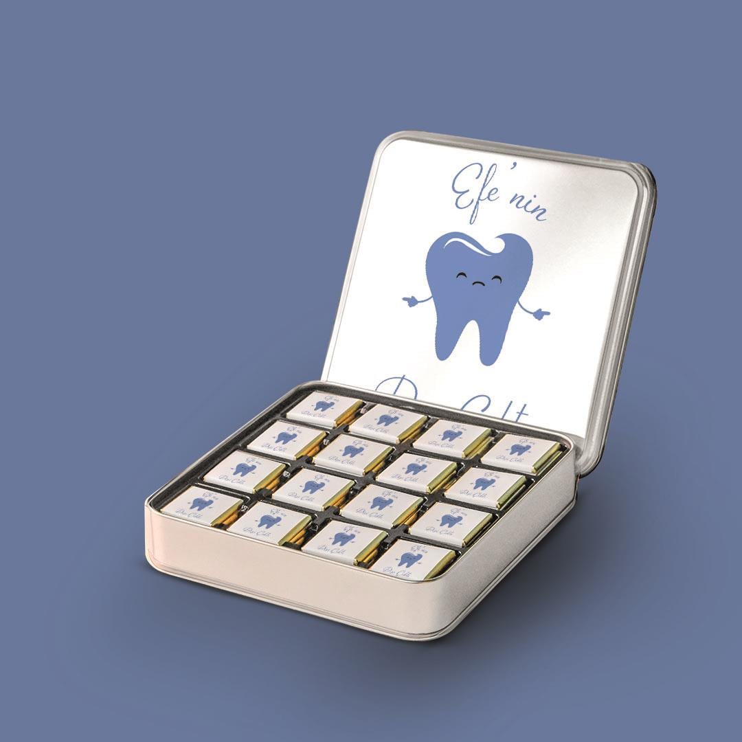 32 Adetli Diş Figürlü Erkek İlk Diş Metal Kutu Madlen Çikolata