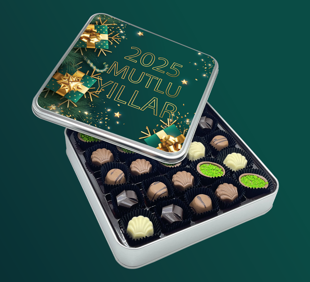 Yılbaşı Çikolatası Yeşil Desenli El Yapımı Çikolata Kutusu